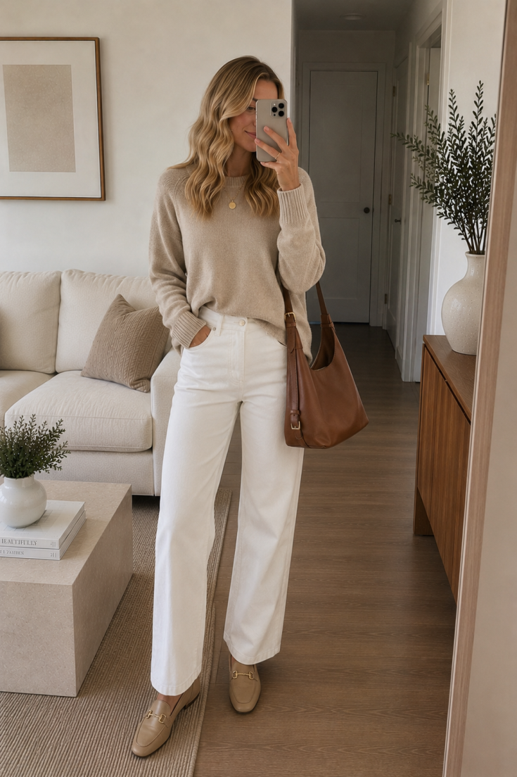 Image for White Jeans and Beige Sweater